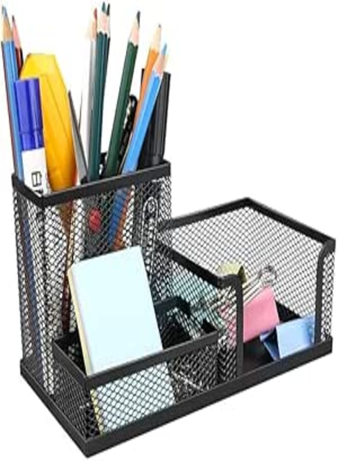 Metal Mesh Pen Holder Desktop Organizer Storage Accessories Home School - Black 3 Sections